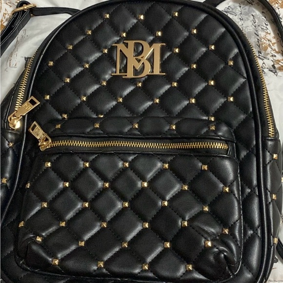 Badgley Mischka Black Quilted Backpack Gold Studded Hardware Adjustable Straps - Picture 7 of 14